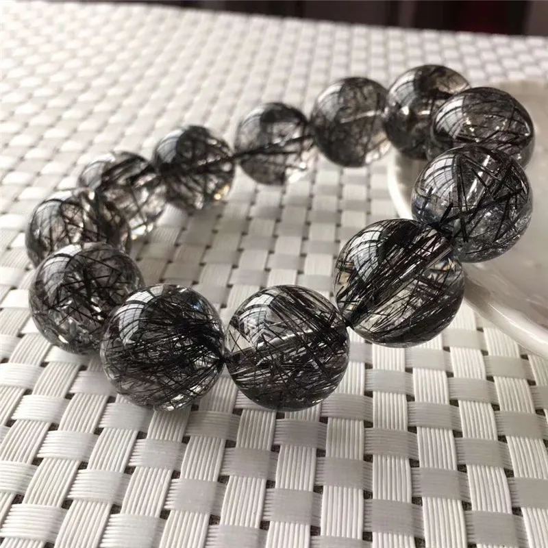 

Top Quality 19.5mm Genuine Natural Black Rutilated Quartz Bracelet From Brazil Round Beads For Women Men Gift Crsytal Bracelet