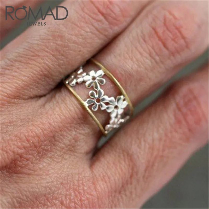 

ROMAD Hollow Two-tone Color Silver Gold Flower Cubic Zirconia Ring for Female Fashion Popular Design Wedding Rings for Women R4