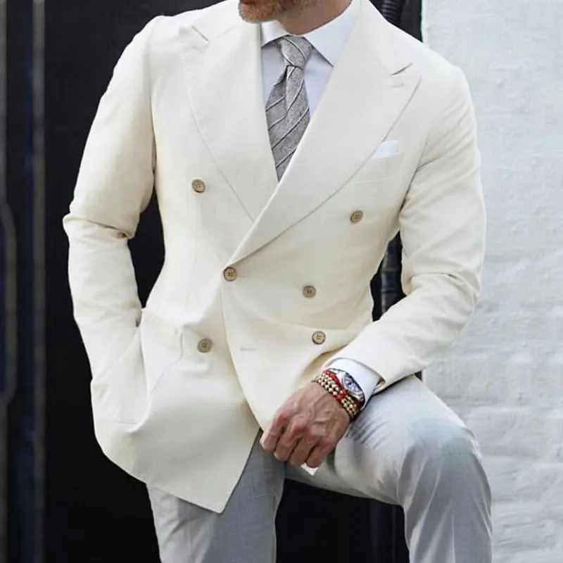 

Ivory Men Suits for Wedding Business Men Suits with Grey Pants Double Breasted 2Piece Terno Masculino Men Trajes Costume Homme