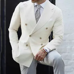 Ivory Men Suits for Wedding Business Men Suits with Grey Pants Double Breasted 2Piece Terno Masculino Men Trajes Costume Homme Ivory Men Suits for Wedding Business Men Suits with Grey Pants Double Breasted 2Piece Terno Masculino Men Trajes Costume Homme