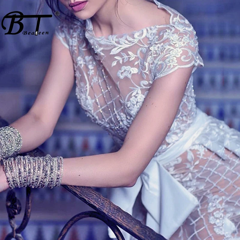 

Beateen 2018 New Arrival White Embroidery Floral Sequined Bandage Dress Mesh Short Sleeve Sexy Club Party Mini Women Sheath