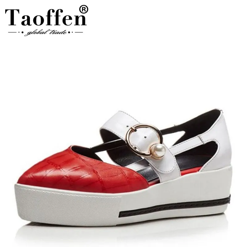 

TAOFFEN Fashion Women's Genuine Leather Wegdes Sandals Metal Buckle Thick Bottom Sandals Mule Women Summer Shoes Size 34-40