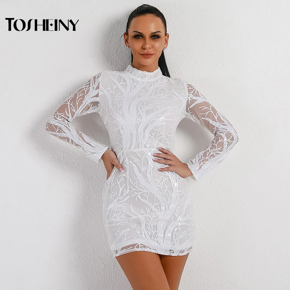 

Tosheiny 2019 Women Sexy High Neck Long Sleeve Sequin Dresses Female Solid Color Elegant Mini Dress Vestdios TH1866