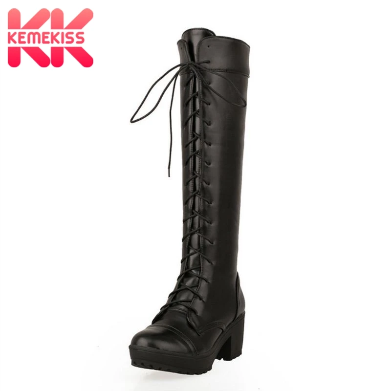 KemeKiss Size 34-43 Women High Heel Knee Boots Lace Up Knight Boots Gothic Lace Up Long Botas Warm Winter Shoe Women Footwear chaco women s uma lace up boots