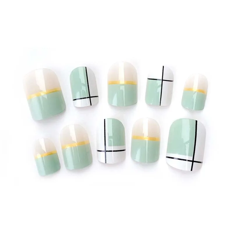 

Simple Green White Grid Design Small Fresh 24pcs False Nail Tips Manicure Decoration With Glue Medium Long Short Fake Nails
