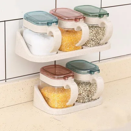 

Kitchen Seasoning storage Box Household Glass Jars For Spices Flavor Pepper Salt Sugar Storage Bottles with Rack and Spoons