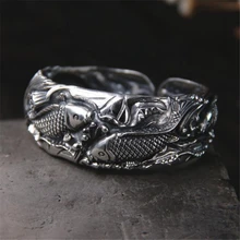 Античная серебро 999 открыть манжета Вырезка Карп 25 мм Широкий творческих браслеты Открыть ювелирный браслет для влюбленных подарок