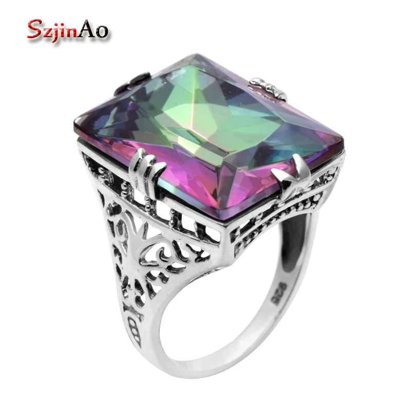

Szjinao Fashion Carving Antique Jewelry Quality Jewelry Rainbow Topaz 925 Sterling Silver Rings for Women Wholesale