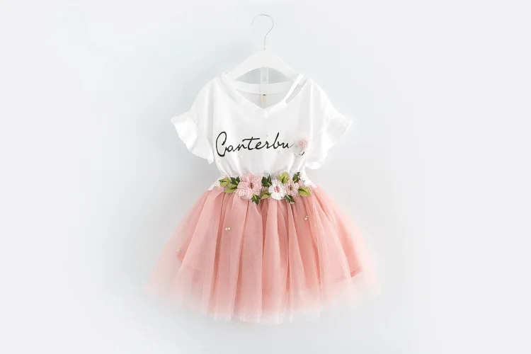 Baby Girls Unicorn Birthday floral dress summer beach kids Clothing set Skirt Tshirt Pink Olive Mesh Lace tutu Cloth kid Party  (1)