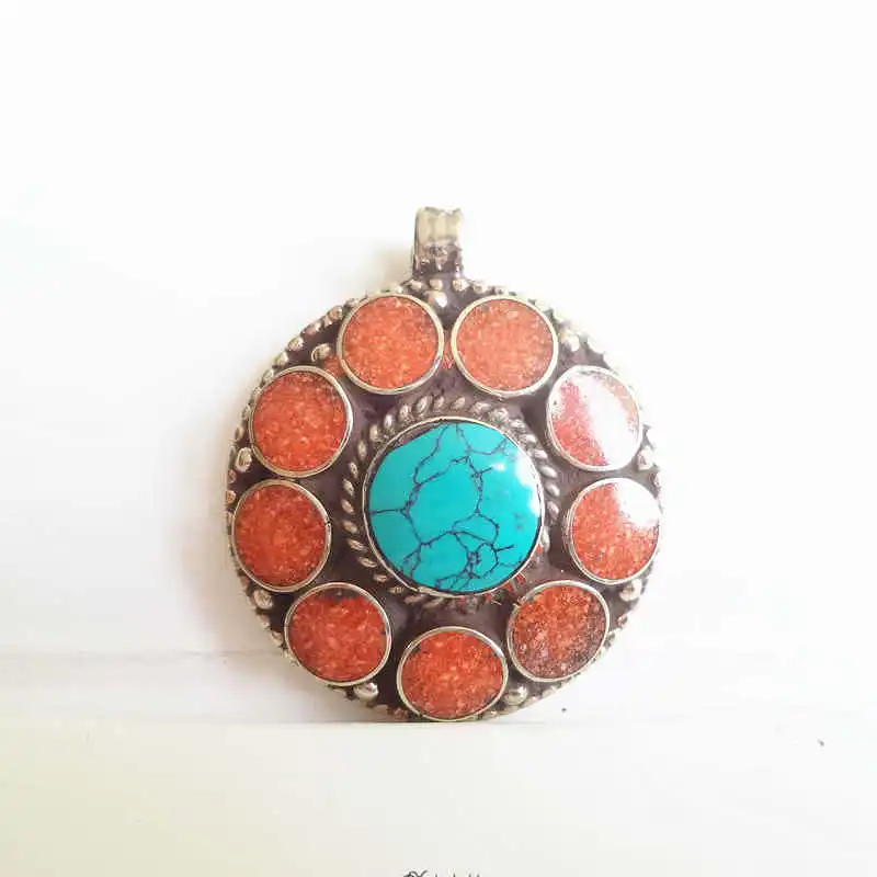 

TBP666 Indian White Metal Copper Inlaid Colorful Stone Flower Pendants Multi Colors