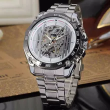 Transparent Skeleton Steampunk White Dial Silver Tone Stainless Steel Band Mens Watches Automatic Mechanical Wrist Watches Gift