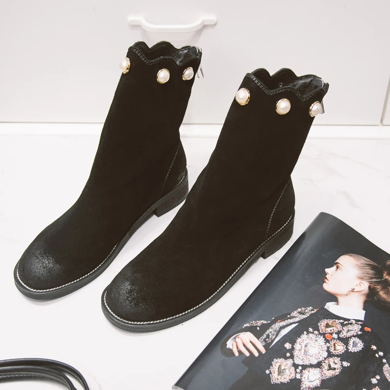 

Women's Ankle Beading Autumn Ankle Boots Genuine Leather Flats Short Booties Shoes for Women Band Designer Gradient Toe Shoes