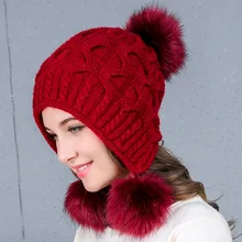 Меховая шапка с помпонами из кроличьего меха, зимняя женская шапка, шапка для девочек, вязаная шапка, Брендовая женская шапка, вязаная шапка для женщин