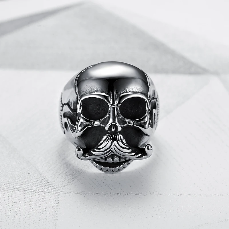 

Mens 316L Stainless Steel Punk Biker Jewelry Quality Wholesale Halloween Skull Rings with Goatee Party Band For Motorcycle Men