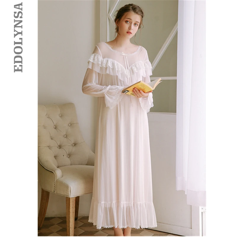 Womens Lace Vintage Victorian Nightgown Long Sleeve Princess Sleepwear Pajamas Nightwear Lounge Dress