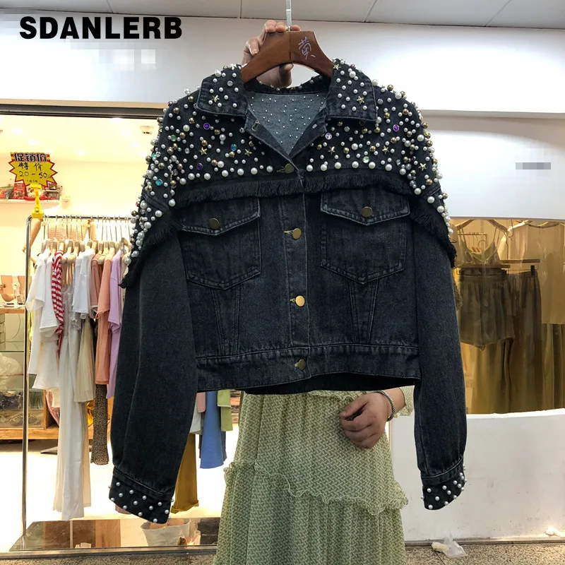 

2019 Autumn New Fashion Heavy Industry Beads Washing Denim Jacket Coat Women Loose Short Cowboy Coats Studded Jeans Jackets