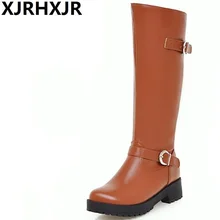 XJRHXJR/Сапоги до колена черного и коричневого цвета модная женская обувь осень-зима высокие сапоги на плоской платформе с круглым носком размеры 34-43