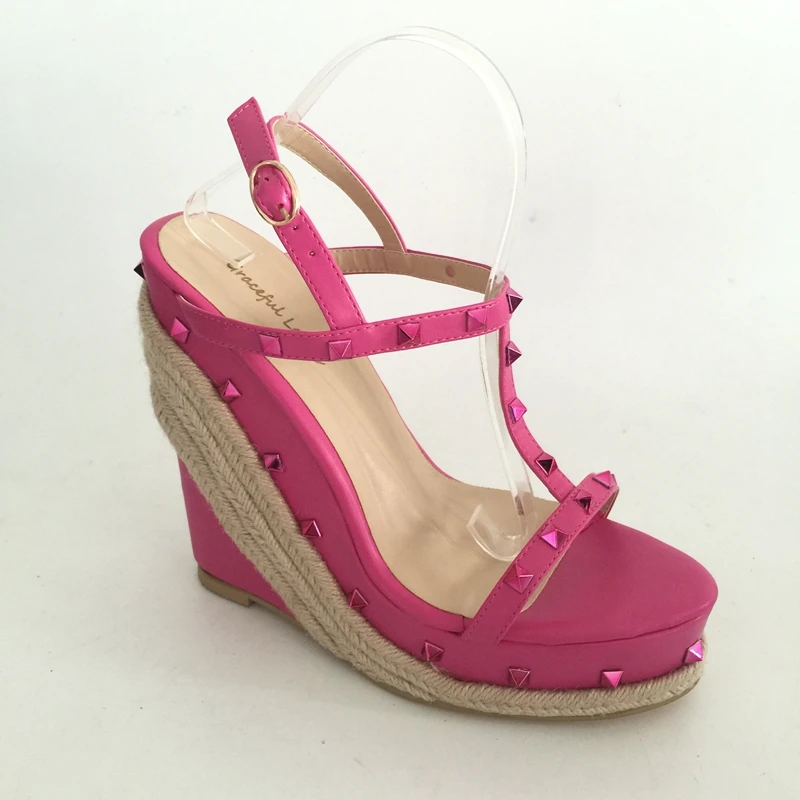 

Sweety Women Sandals Wedges High Heels Patent Leather T-strap Ankle Buckle Strap Wedge Rivets Rope Heels Summer Party Sandals