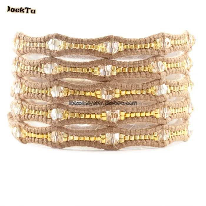 

gold seed bead crystal wrap bracelet leather jewelry for women