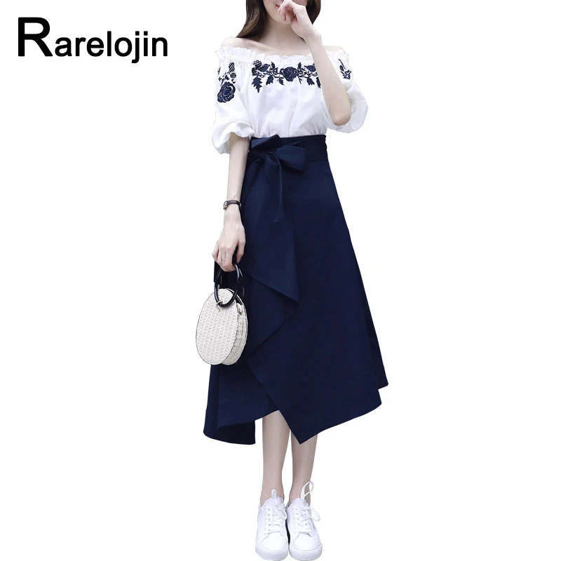 

Rarelojin spring autumn skirt 2019 new Korean fashion high waist retro embroidery print two piece set summer clothes for women