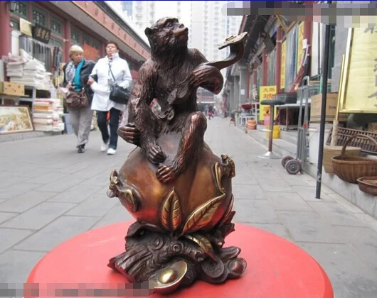 

Collectible bronze lion statue S0084 10"Chinese Red Bronze exquisite craftwork Money Hold Ru Yi sit on peach statuary