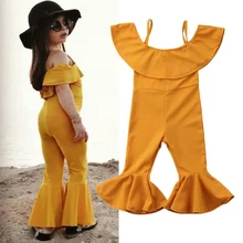 Однотонный комбинезон с оборками на воротнике и открытыми плечами для маленьких девочек