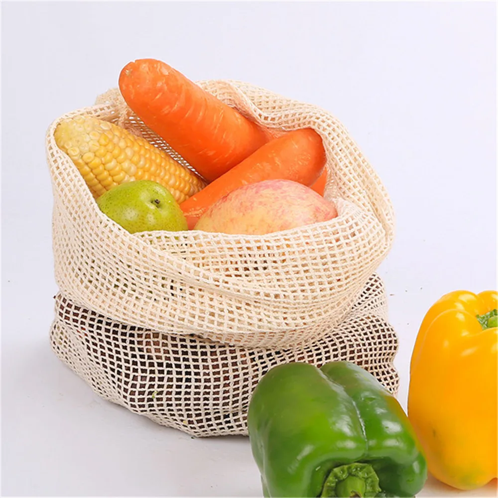 10pcs Reusable Cotton Vegetable Bags Kitchen Organizer Fruit Toy High Quality Drawstring Mesh Storage Bag Machine Washable
