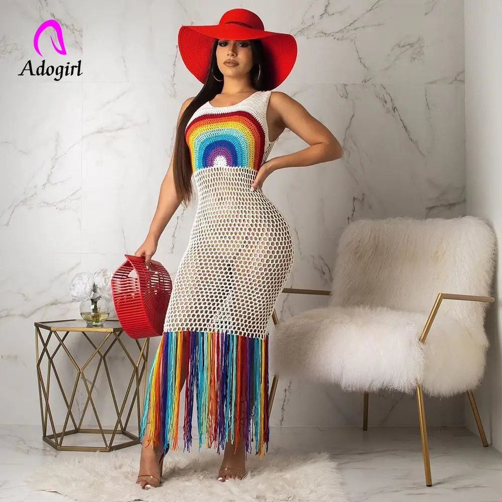 

Rainbow Color Sexy Sleeveless See Through Handmade Knitted Tassel Beach Dress Covers Women Stretchy Mesh Summer Dress Clubwears