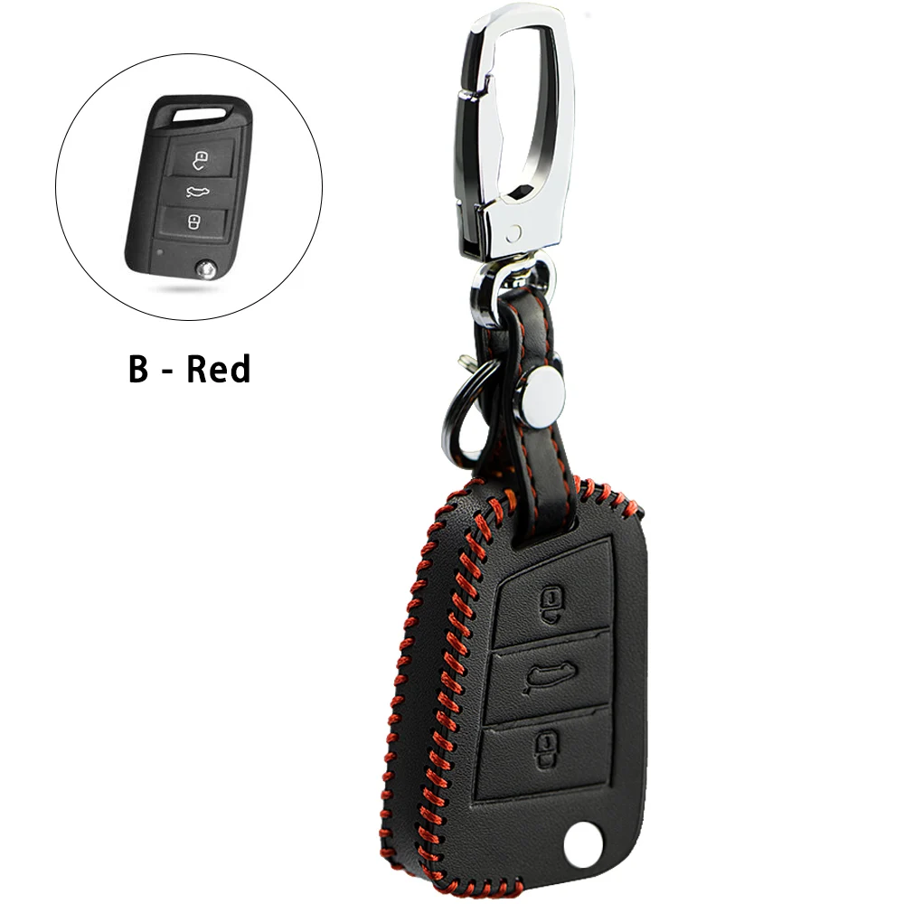 Кожаный чехол для ключей для ключ крышка для VW Volkswagen Golf 7 GTI R MK7 Tiguan для Skoda Octavia A7 Karoq Seat Leon Ibiza автомобильный брелок для ключей - Название цвета: B Red