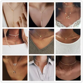 

Fashion Bohemian Harajuku Gold Silver Color Heart Star Pendant Necklace Women Gift Ethnic Choker Necklace Jewelry Drop Shipping