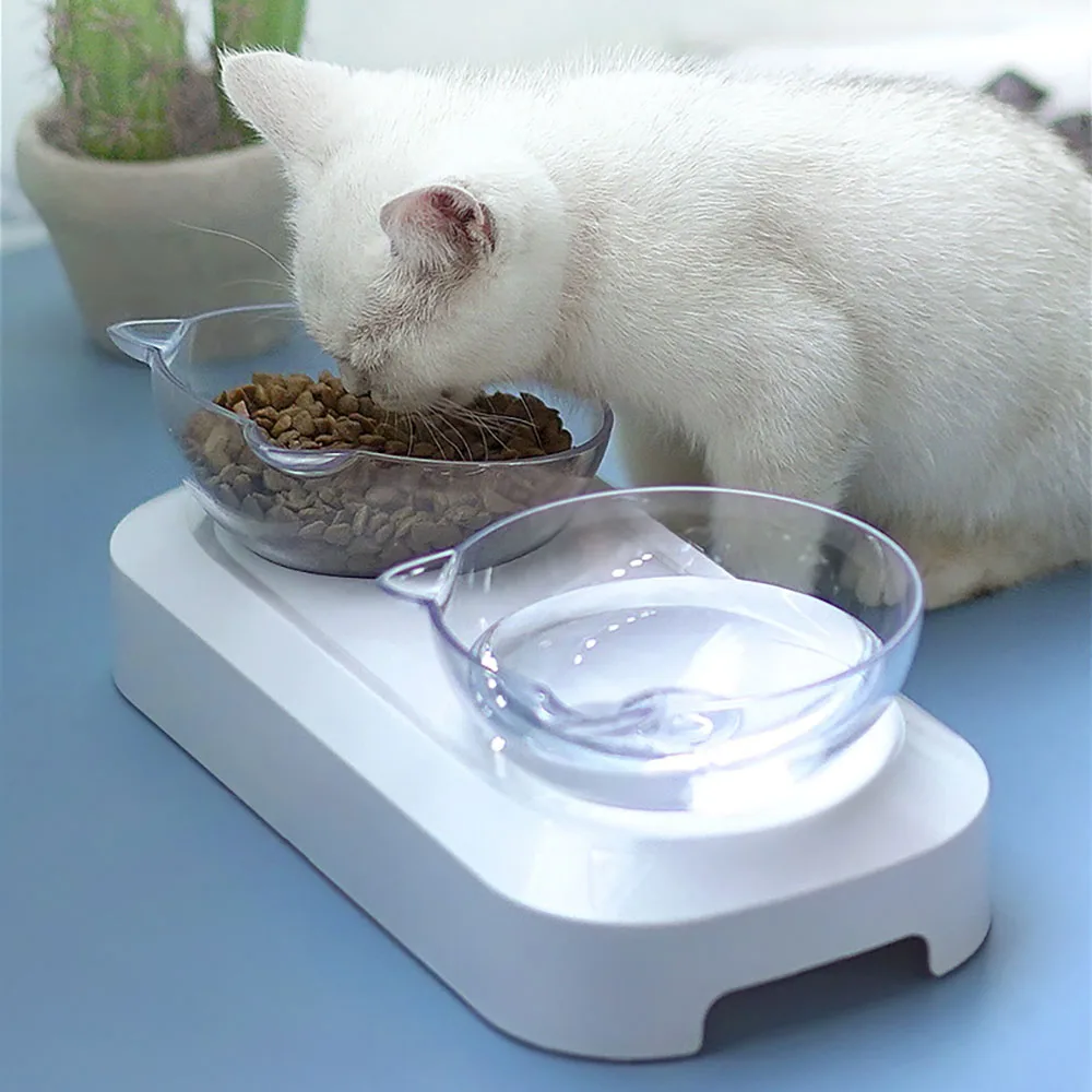 

Cat Double Bowl Cat Bowl Dog Bowl Transparent AS Material Non-slip Food Bowl With Protection Cervical Transparent Cat