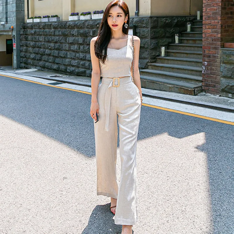 

2 Piece Set Women 2019 Summer OL Women Set Spaghetti straps Solid Tank Top+Long Solid Pants Sashes High Quality OL Women Set