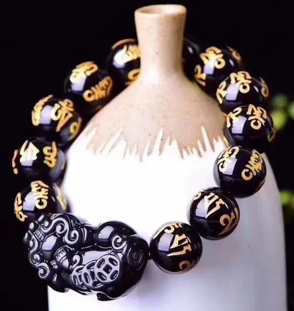 

Free shipping Natural obsidian six Word True words Round Beads Pi Xiu elasticity Bracelet
