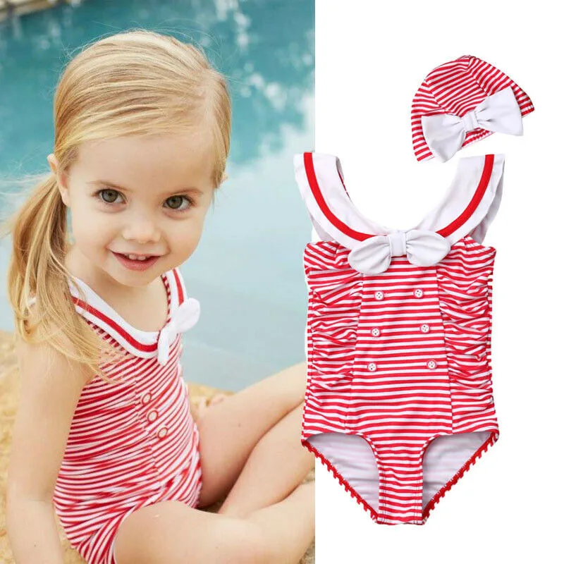 Г., полосатое бикини с бантом для новорожденных девочек, одежда для плавания цельный плавательный костюм без рукавов, пляжная одежда для малышей+ шапочка для плавания, комплект из 2 предметов