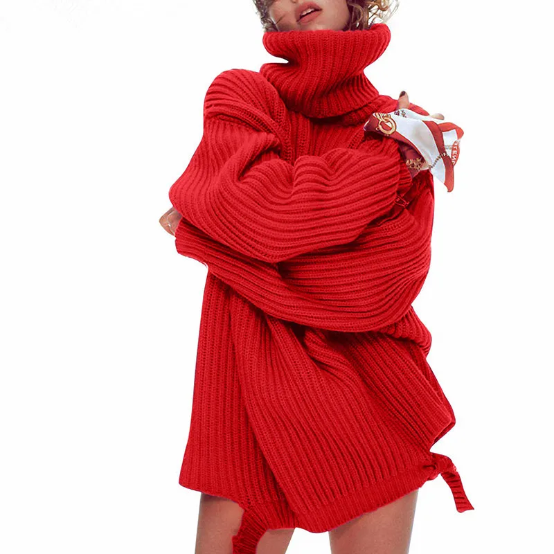 

JSXDHK Red Turtleneck Knitting Loose Pullver 2018 Runway Designer Women Harajuku Long Sleeve Casual Long Winter Warm Sweater