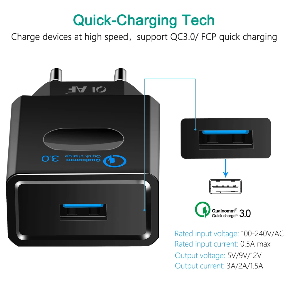 Олаф EU/AU/штепсельная вилка американского стандарта USB Зарядное устройство QC3.0 QC2.0 18 W портативное Сетевое зарядное устройство для huawei P20 Pro Коврики 10 lite P10 мобильного телефона Зарядное устройство s