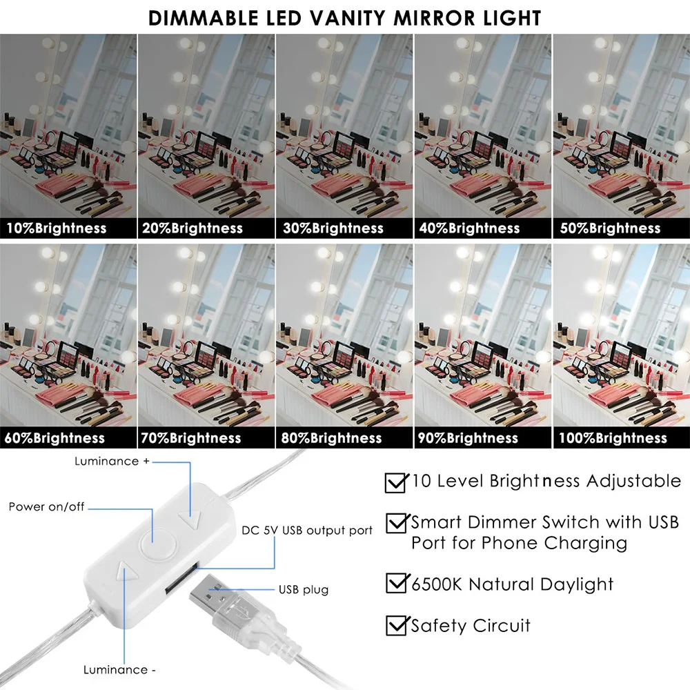 Косметическое зеркало, косметический светодиодный светильник, лампочка, комплект, usb порт для зарядки, косметический светильник, ed зеркала для макияжа, лампа, регулируемая яркость, светильник s