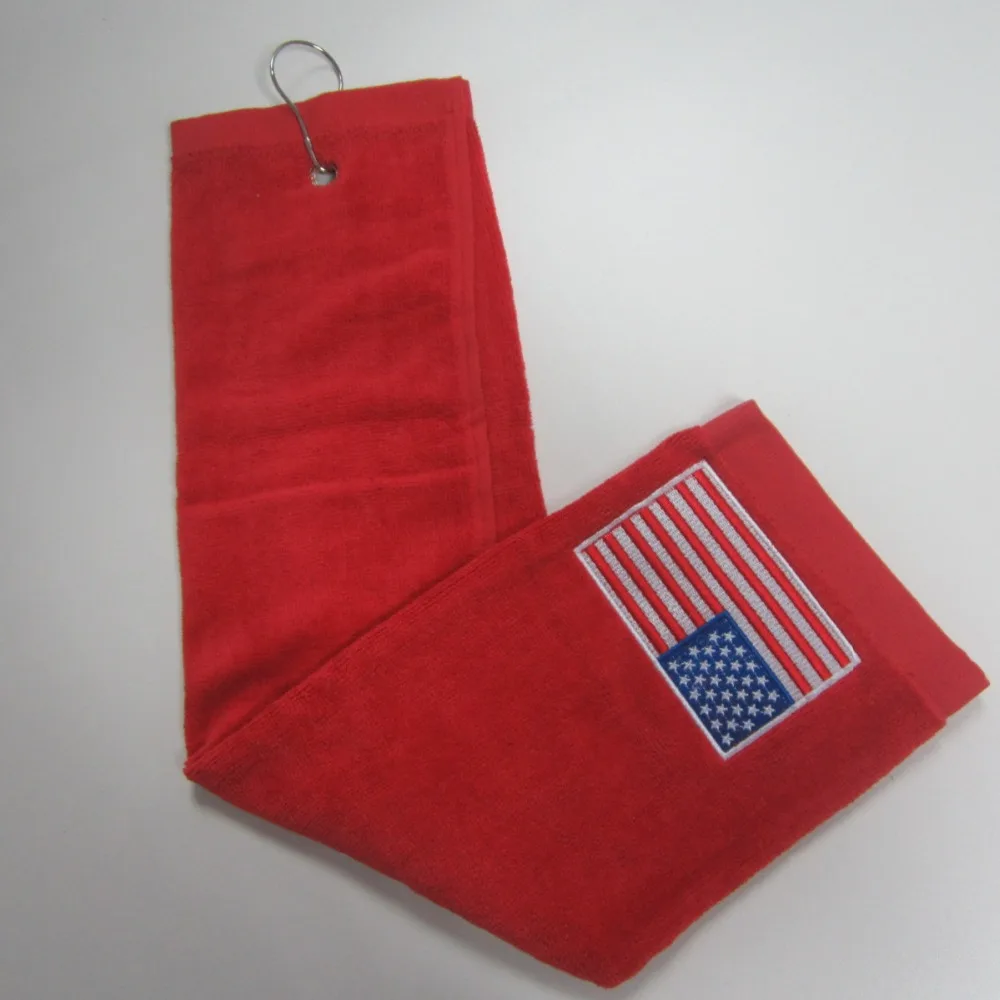 Красный цвет, хлопок, 3 сложенных 40x60 см, 120 г, флаг США, вышивка, мяч для гольфа, клуб, для чистки, металлический крючок, зажим, полотенце для гольфа