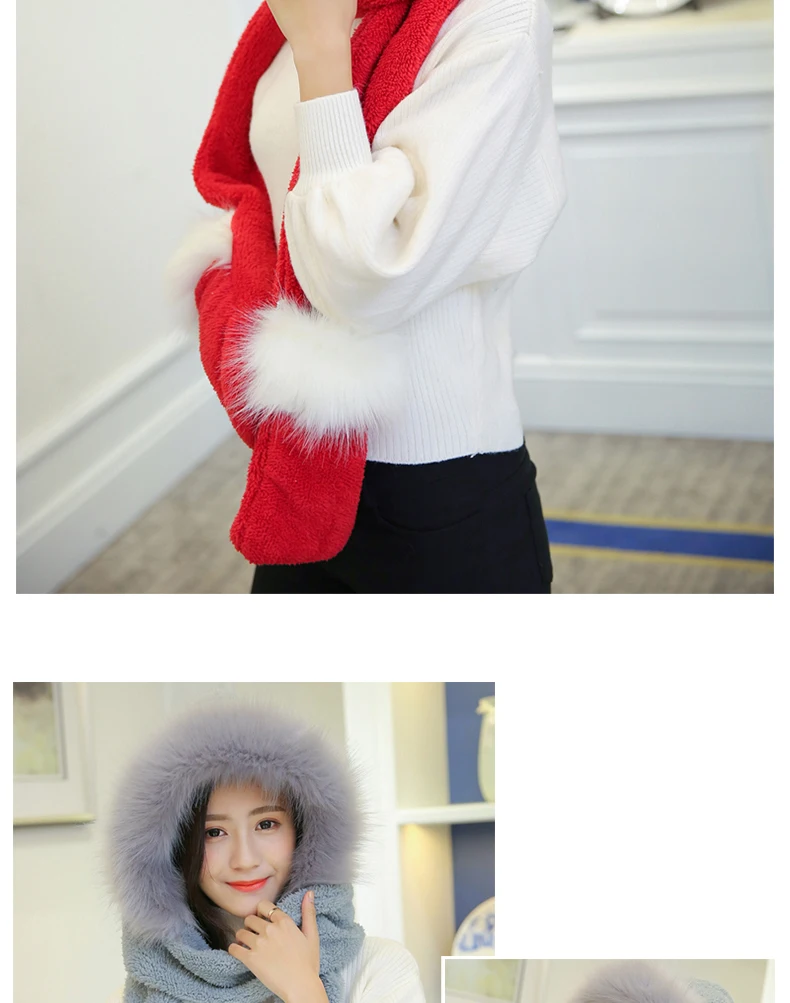 New Korean Version Of The Bib Hat Thick Warm Scarf Hat Gloves Three Pieces One Large Fur Collar Three-Piece Set For Women SN53 (13)