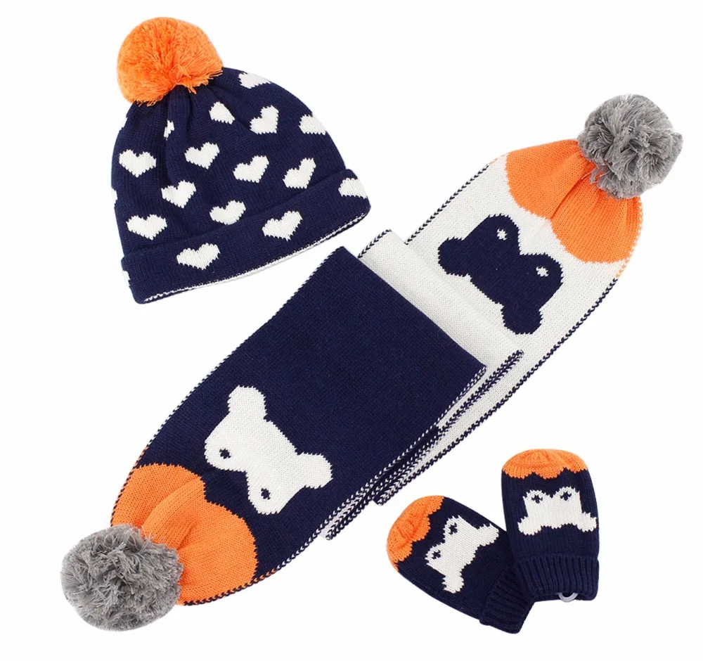 

3Pcs/Set Winter Warm Baby Boys Gloves Scarf Hat Sets Children Baby Knitted Beanie Caps Fashion Kids Warm Knitted Scarf Gloves