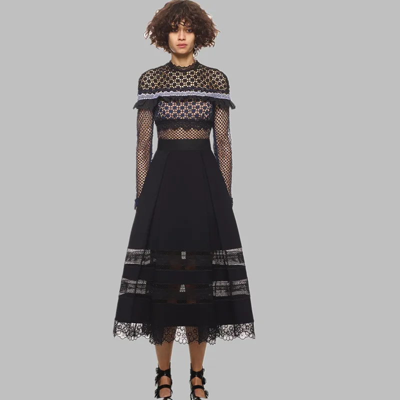 

2019 New arrival Women Runway Black Party Dress Vintage Long-Sleeved Ruffle Lace patchwork Long Dress Self portrait Lace dress
