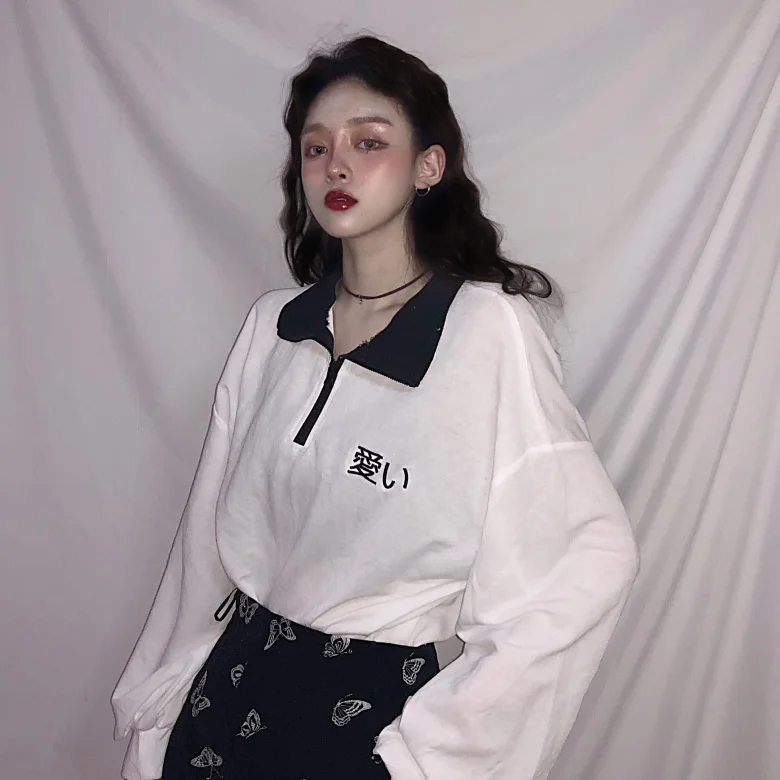 Новая женская одежда ulzzang в Корейском стиле Харадзюку, винтажные свободные модные футболки с длинными рукавами и надписью на молнии
