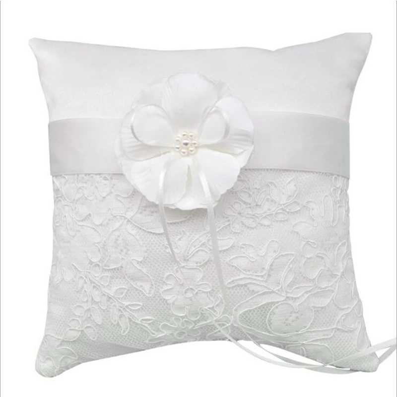Wedding Ring Pillow Ribbon Bowknot Big Flowers Pearls Lace