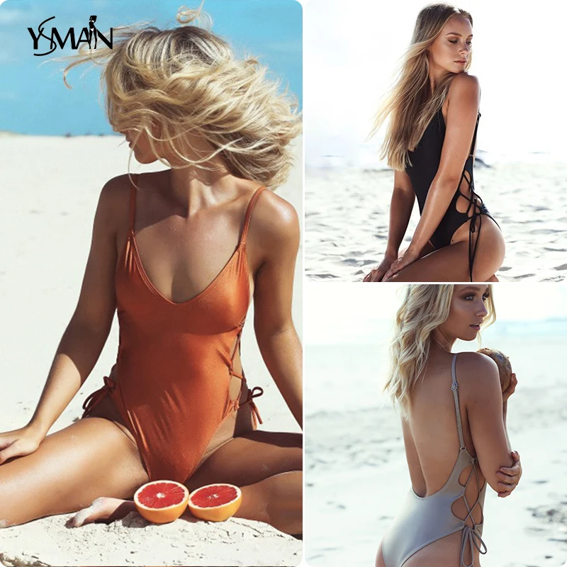 

Pure Color Bikini Side Bandage Swimsuit Bathing Suit Women One Piece Womens Bikini Swimwear Summer Beach Wear Swim Suit Deep V