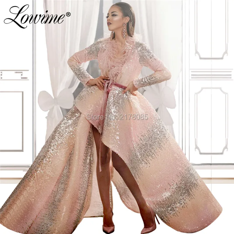

Special Design High Low Feather Prom Dresses Pink Sequined Silver Party Dress Arabic Evening Gown With Long Sleeves 2019 Vestido