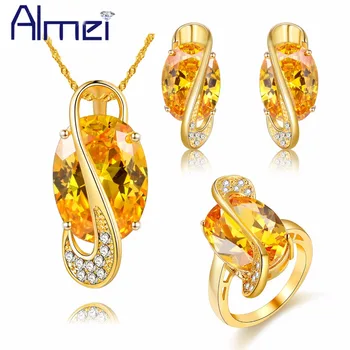

Almei Gold Color Big Yellow Crystal Jewerly Sets for Women Ladies Wedding Zirconia Necklace Earrings Ring Stones Gifts Y182
