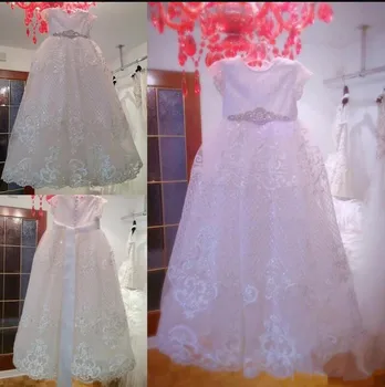 

White Tulle holy First Communion Gowns with Belt Sequins Cap Sleeves Customized Flower Girl Dress For Special Occasion
