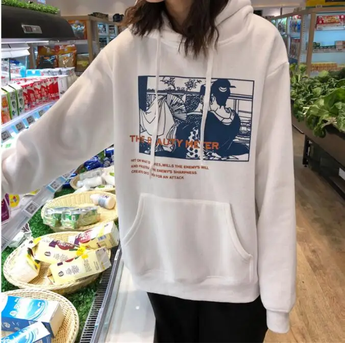 

New autumn and winter letter print Plus velvet hoodie loose sweatshirt