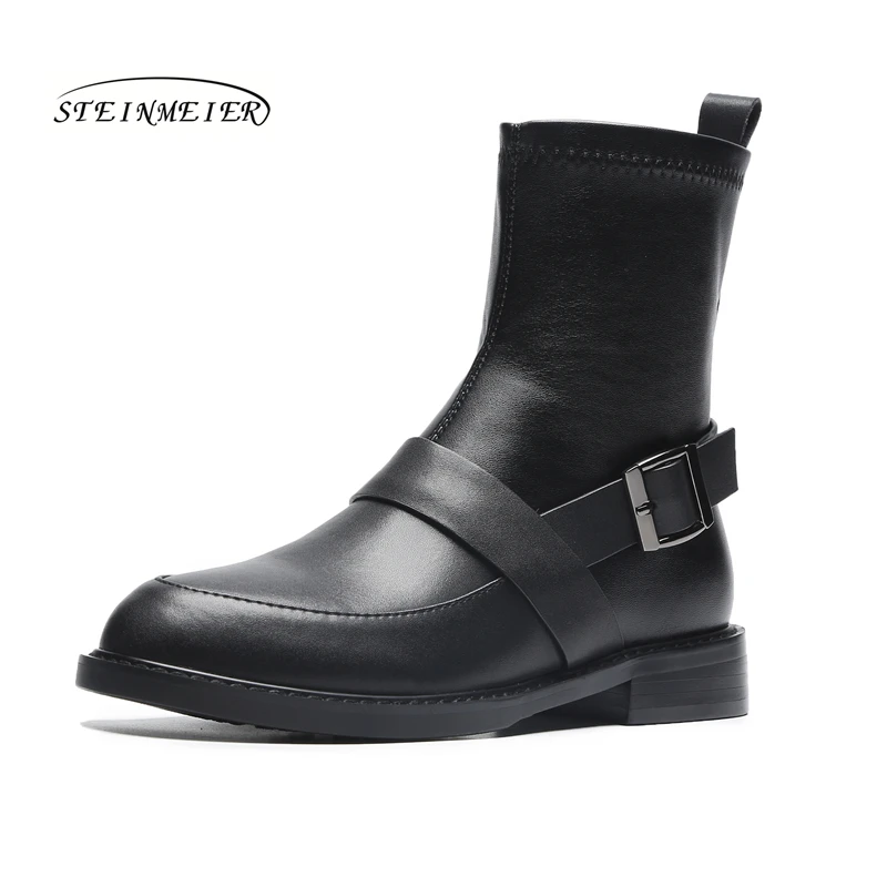 

Women Winter Snow Boots Genuine leather Ankle short flat round toe buckle women's retro waterproof summer boots 2019 shoes
