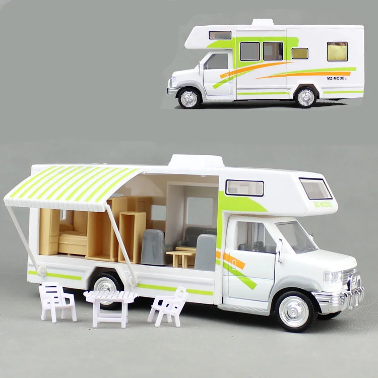 

[New] 22cm Motorhomes Morto Home Coach Camper Van Model Diecast with light and sound Pullback alloy car include furniture toy